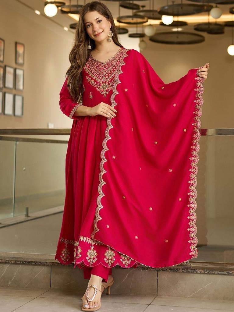 Women’s Red Embroidered Anarkali Kurta Set with Dupatta