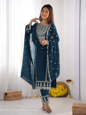 Women Teal Embroidered Kurta Pant Set with Dupatta