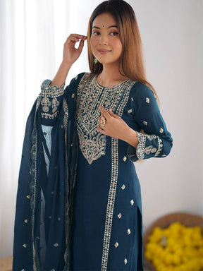 Women Teal Embroidered Kurta Pant Set with Dupatta