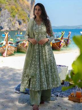 Women’s Olive Green Printed Cotton Kurta Set with Palazzo & Dupatta