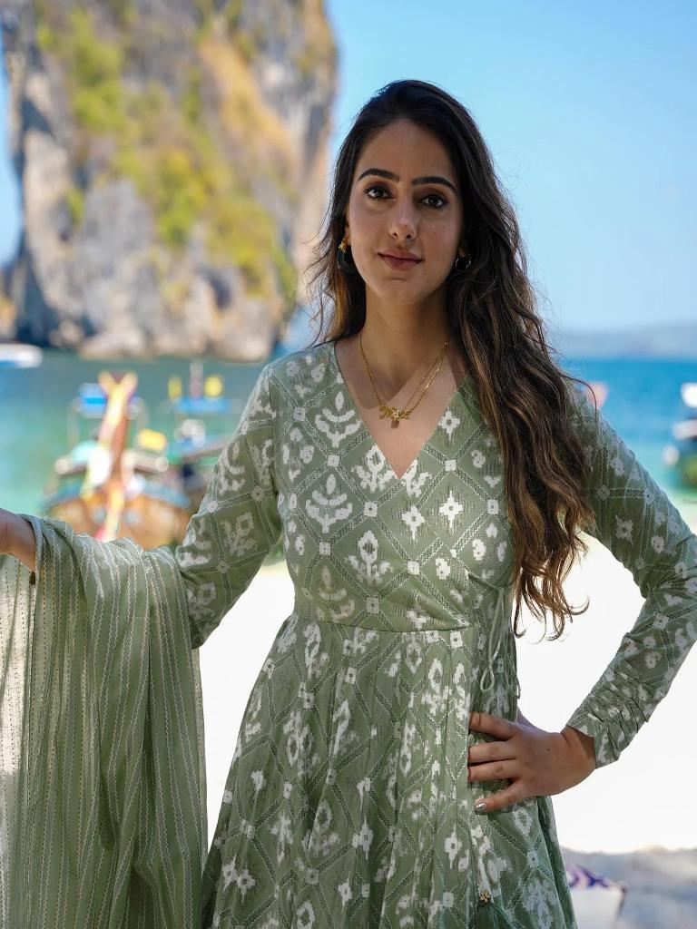 Women’s Olive Green Printed Cotton Kurta Set with Palazzo & Dupatta